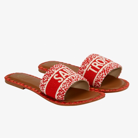 New! De Siena Saint Tropez Sandals in Red Slides Leather & Beads - Picture 2 of 8